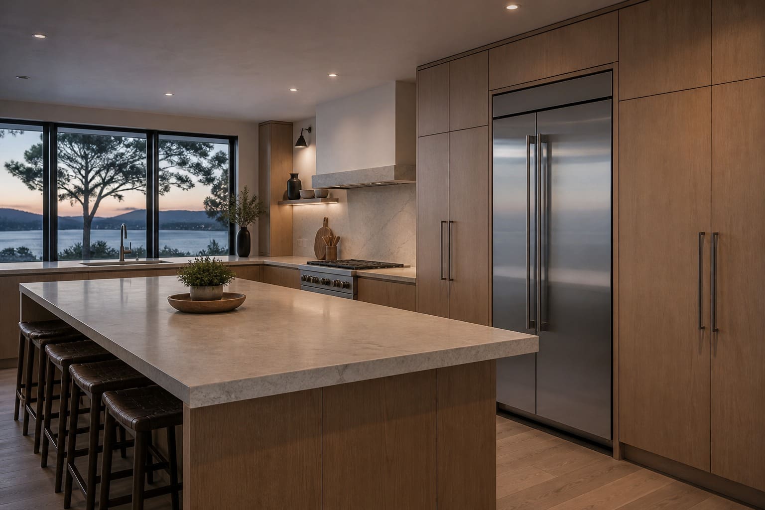 Premium minimal Cupertino kitchen at dusk with a stainless built-in Sub-Zero refrigerator and white-oak cabinetry