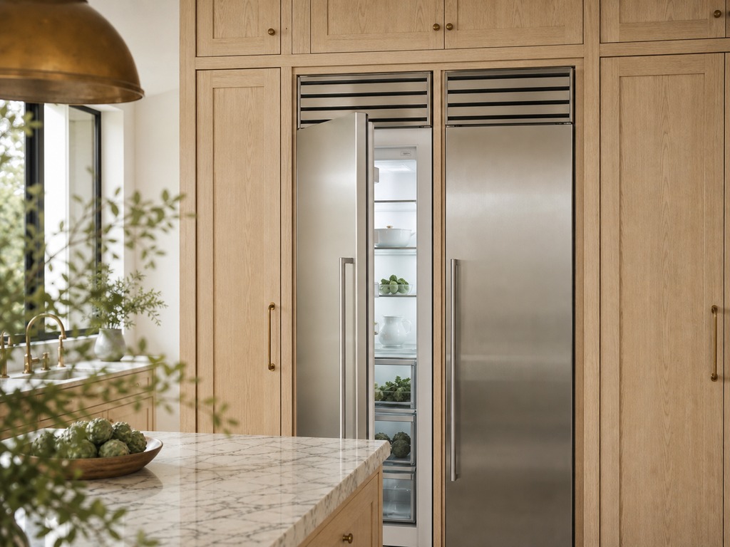 Built-in Sub-Zero refrigerator integrated behind custom cabinetry in a Cupertino kitchen