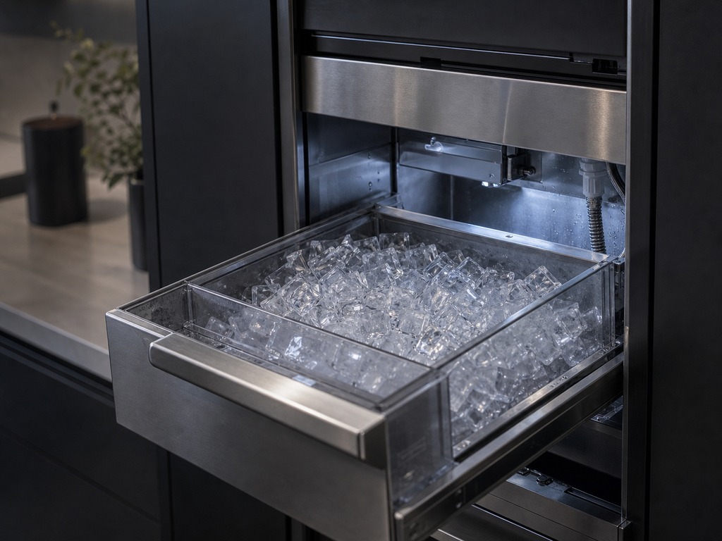 Sub-Zero clear-ice maker module and braided water line being serviced in a Cupertino built-in refrigerator