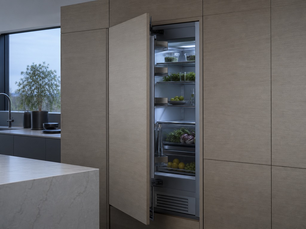Custom door panel fitted flush to a Sub-Zero panel-ready built-in in a Cupertino kitchen