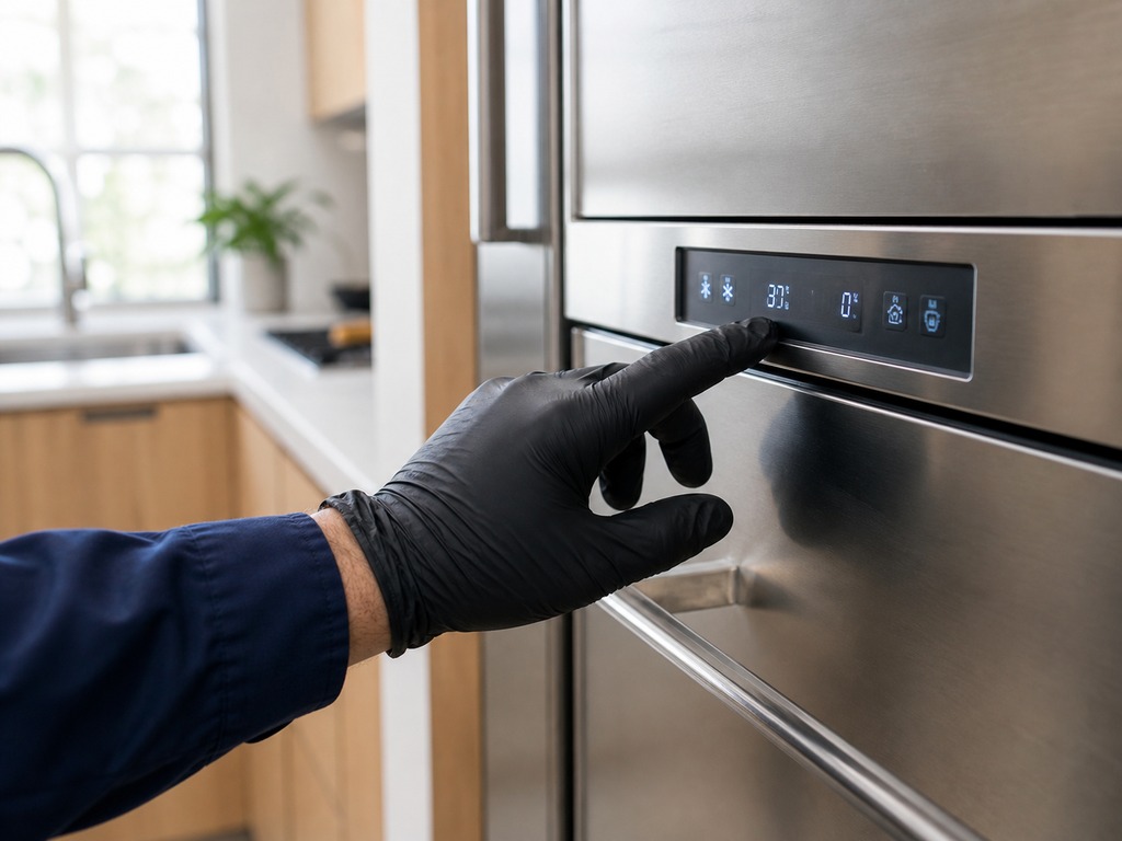 Sealed refrigeration circuit and compressor exposed on a pulled-out built-in Sub-Zero in a Cupertino kitchen