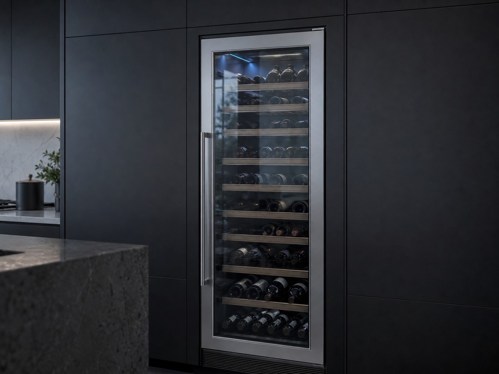 Full-height integrated Sub-Zero wine column with dual-zone storage behind a panel-ready door in a Cupertino kitchen