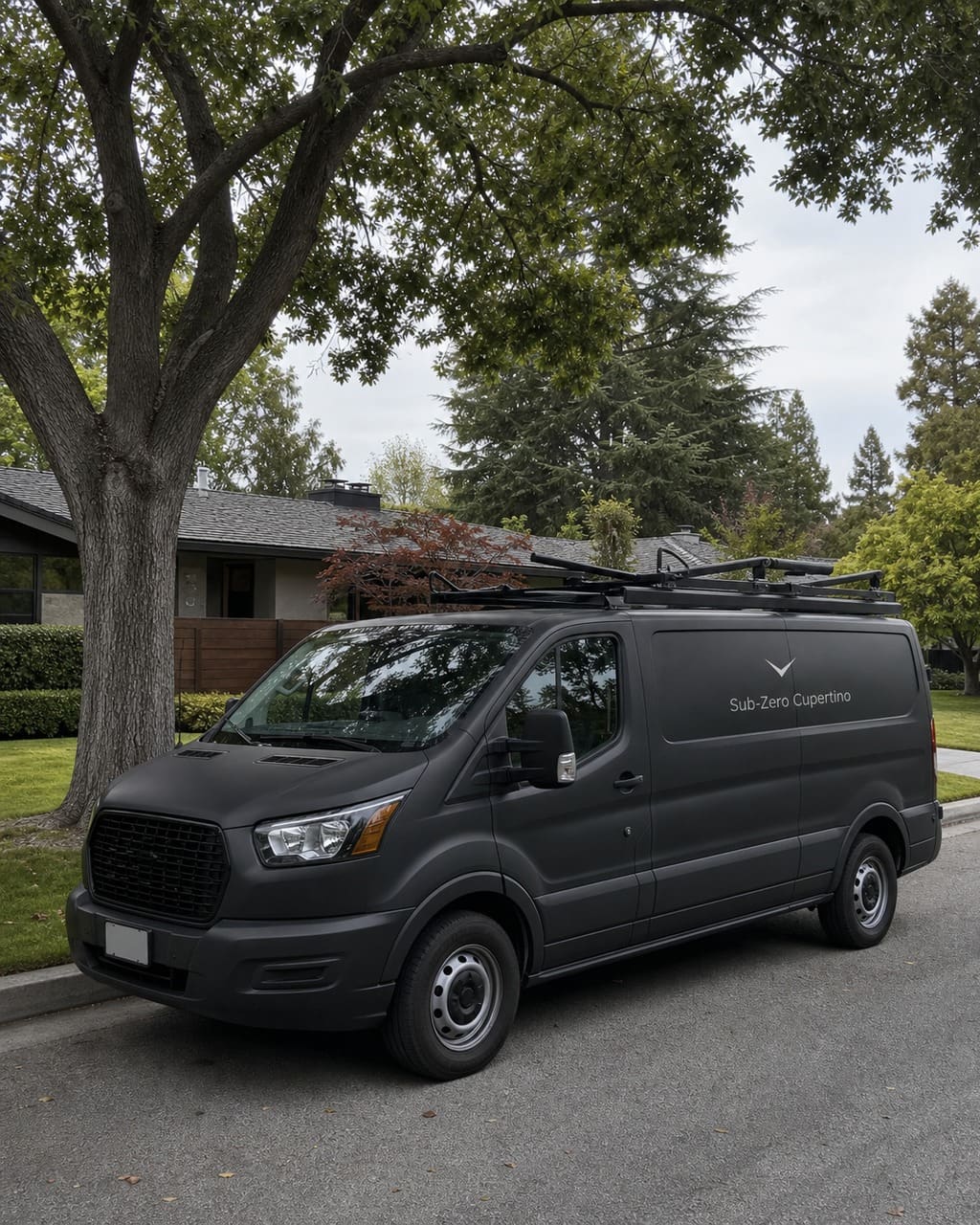 Service van parked on a Cupertino street outside a home with an integrated Sub-Zero built-in